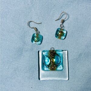 Recycled, fused glass with bubbles blue and gold earrings and pendant